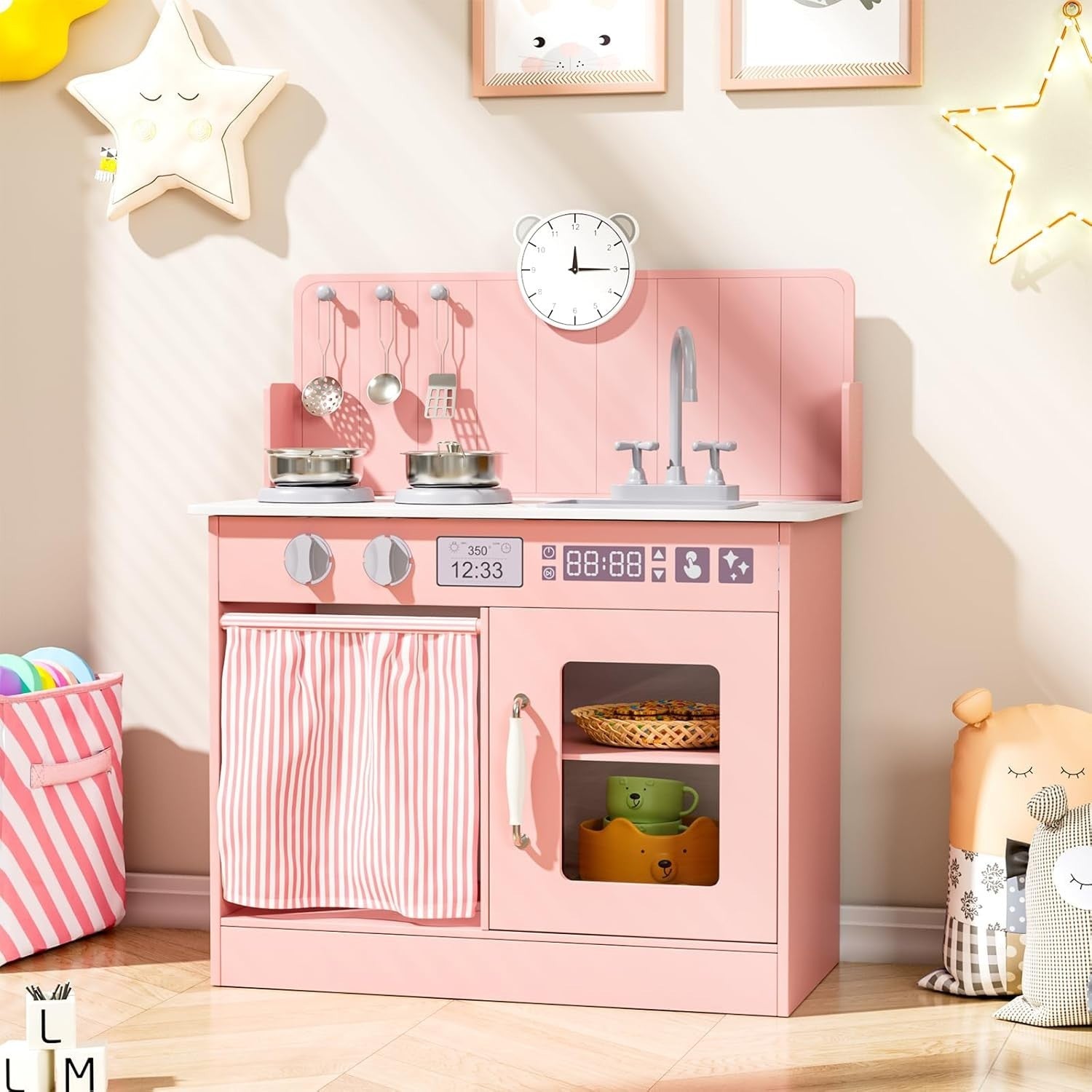 Wooden Kids Play Kitchen Pink Toy Cooker Sink Cookware Storage Set