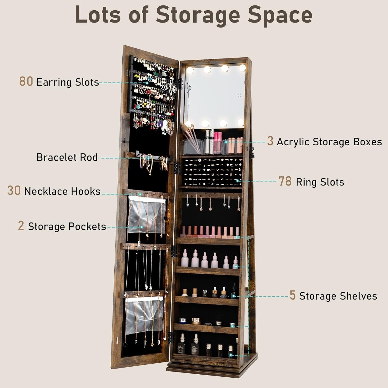 Rustic Brown Swivel Jewelry Cabinet LED Makeup Mirror Lockable Storage