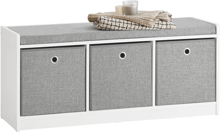 Modern Storage Bench with 3 Fabric Baskets & Cushion | Shoe Rack Cabinet