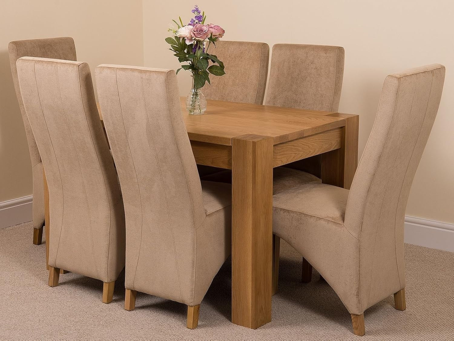 Solid Oak Dining Table Set 6 Beige Fabric Chairs 125x80cm Modern Finish