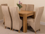 Solid Oak Dining Table Set 6 Beige Fabric Chairs 125x80cm Modern Finish