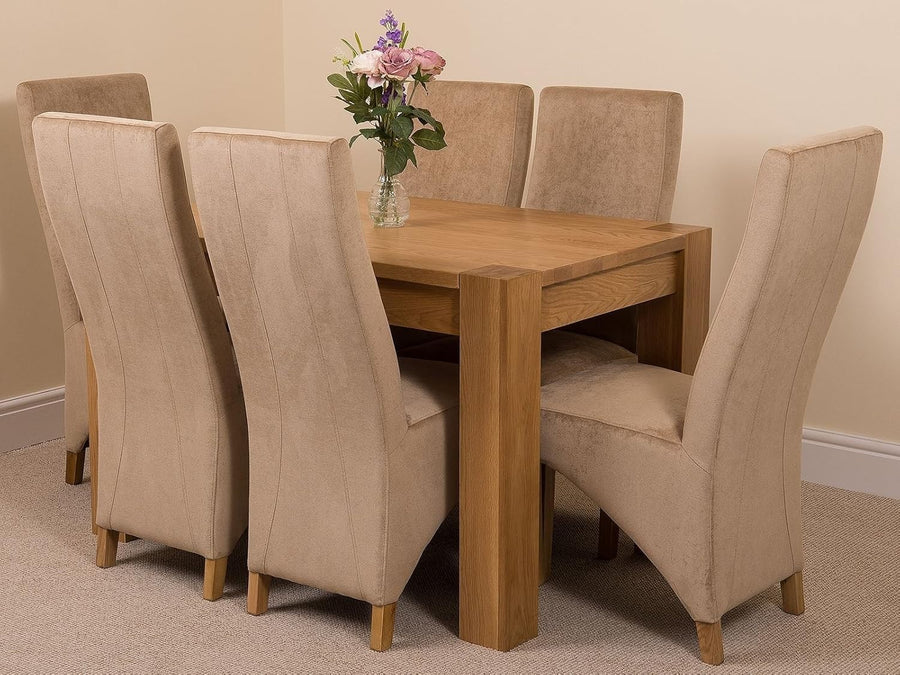 Solid Oak Dining Table Set 6 Beige Fabric Chairs 125x80cm Modern Finish