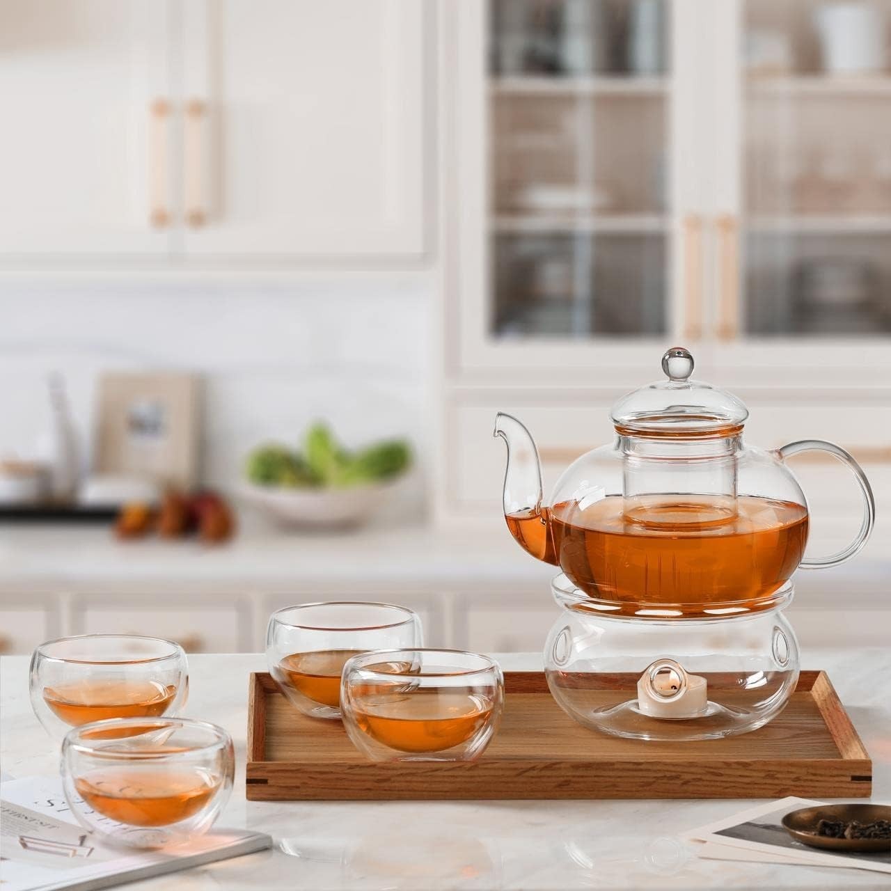 Glass Teapot Set 1000ml with Infuser Tea Warmer & 4 Teacups