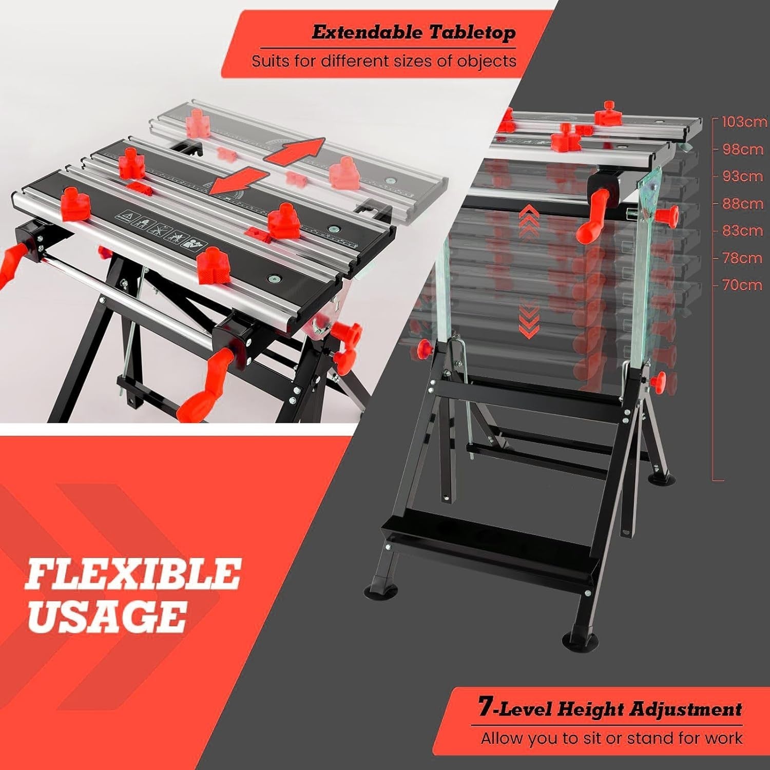 Red Folding Adjustable Workbench Tiltable Table 7-Height Portable 75x60