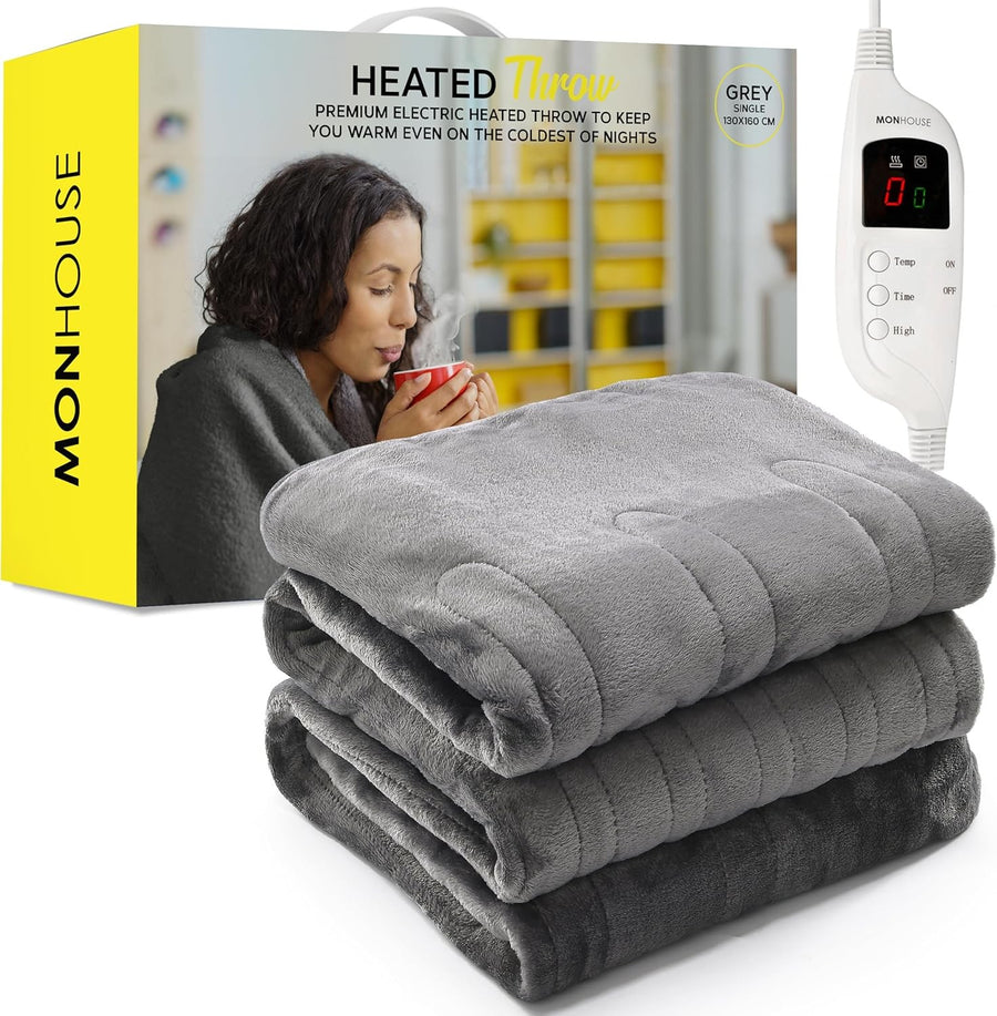 Electric Heated Throw Blanket 130x160cm 9 Heat Levels Timer Washable Grey
