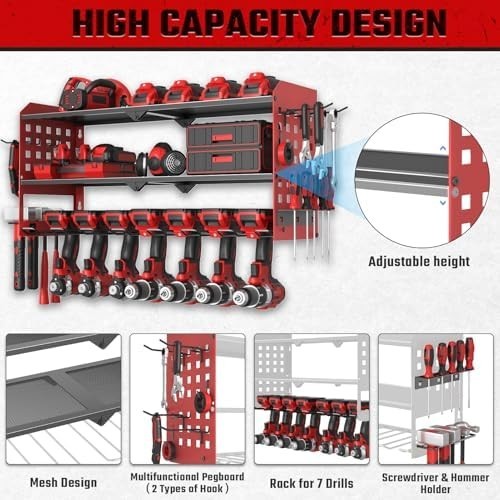 Wall Mounted Power Tool Organizer 3 Tier 7 Drill Rack Red