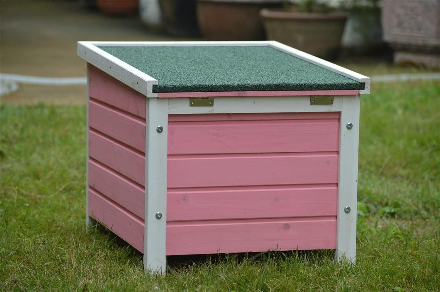 Wooden Rabbit Hide House with Lockable Door & Easy Clean Top Pink 50x42x43cm