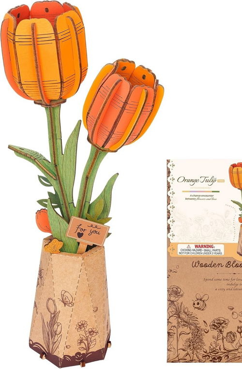 Wooden 3D Tulip Puzzle Flower Decor – DIY Gift for Women, Table Display