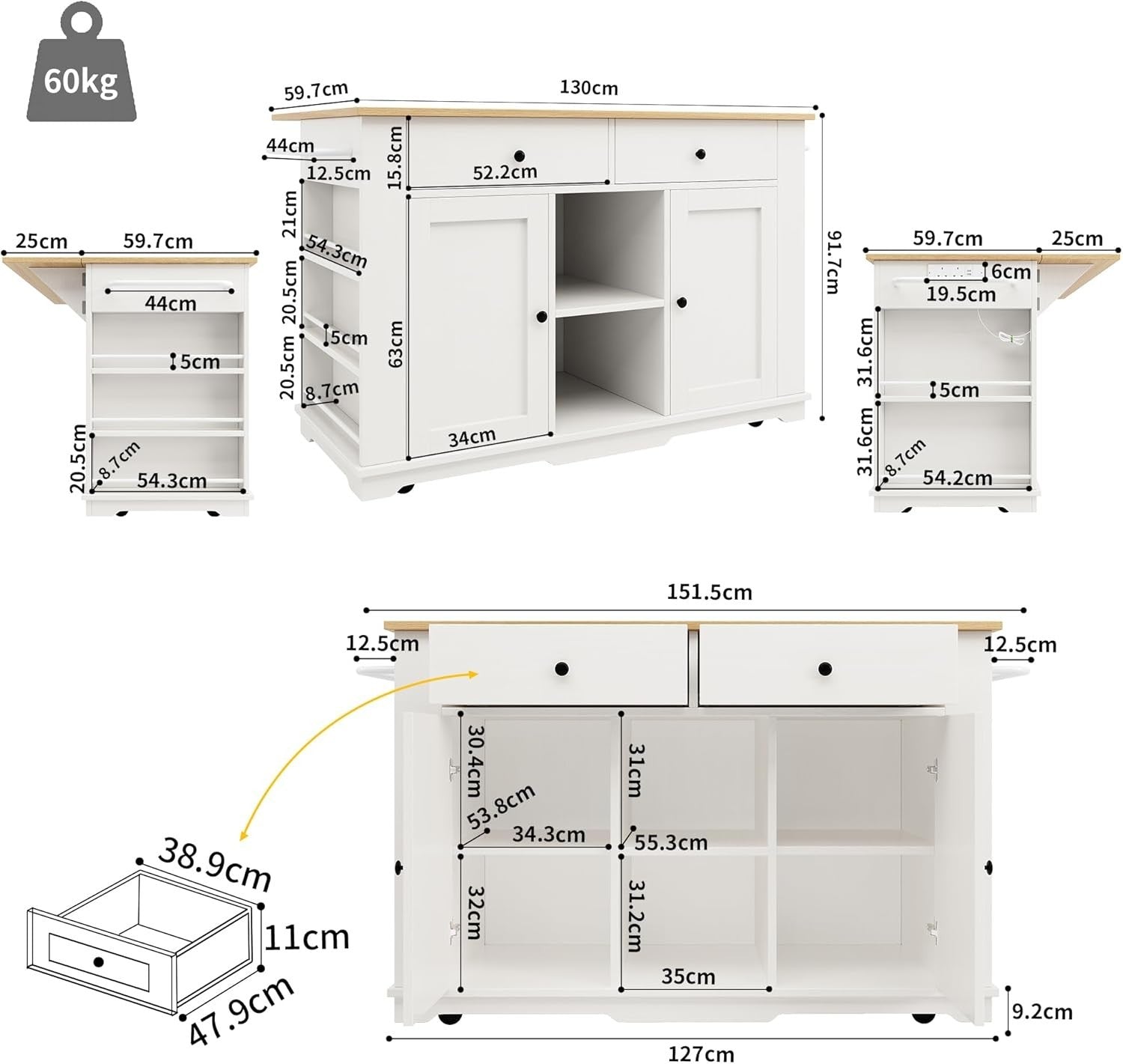 Kitchen Island on Wheels with Foldable Table, Power Sockets & Storage Drawers