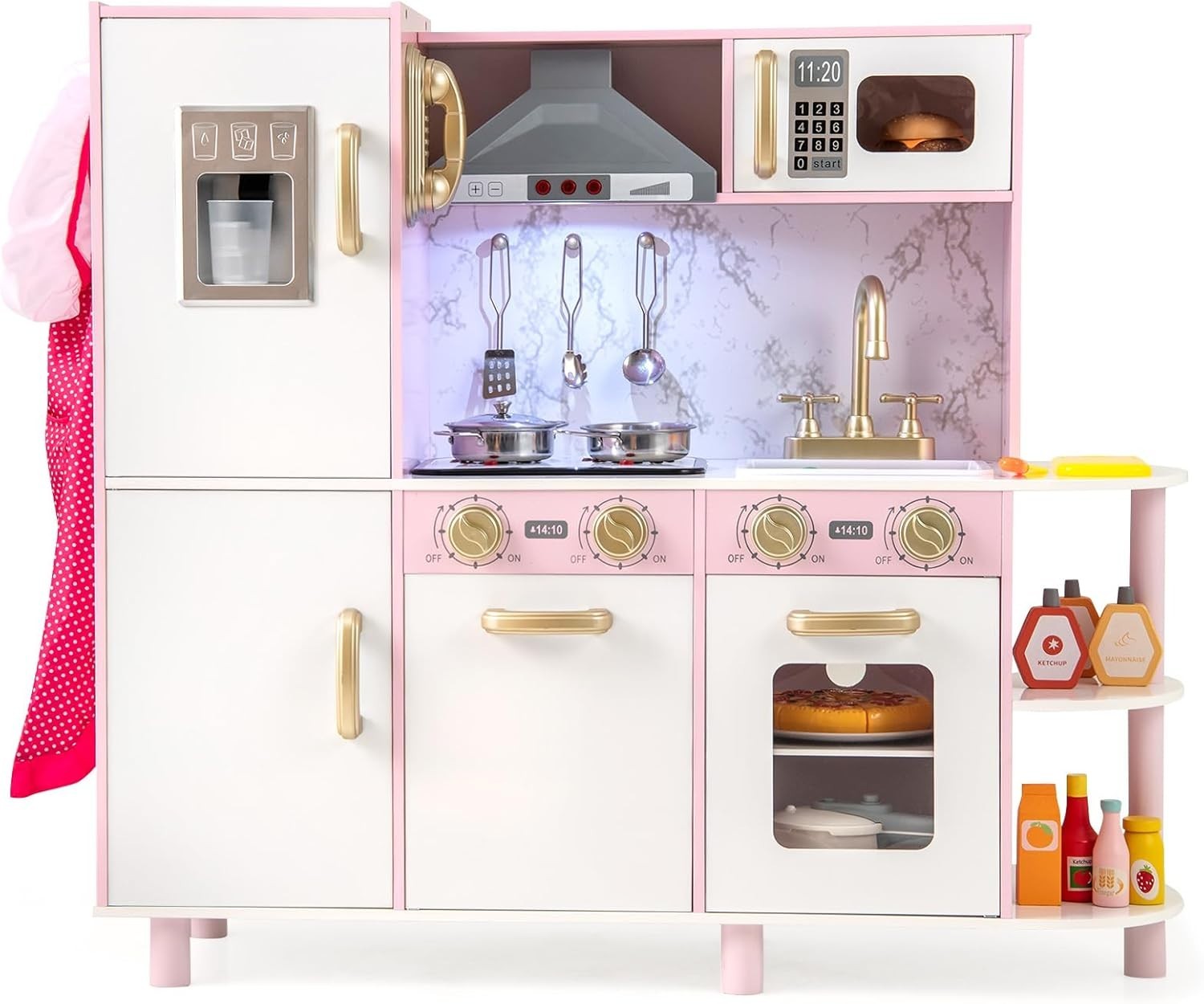 Pink Kids Play Kitchen Lights Sounds Ice Maker Chef Toy Set