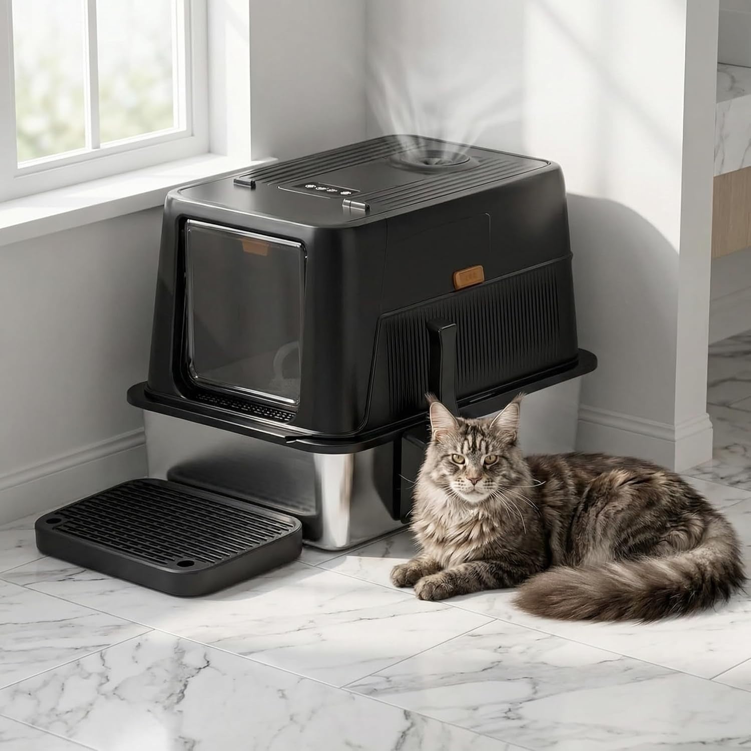 XL Stainless Steel Cat Litter Box Odor Control High Sided Enclosed
