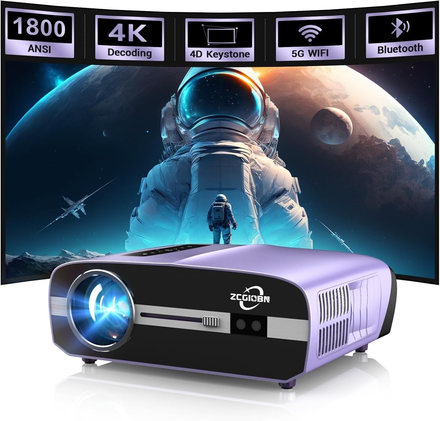 Smart 4K Projector 1800 ANSI Lumens WiFi 6 Android TV HDR Bluetooth Zoom