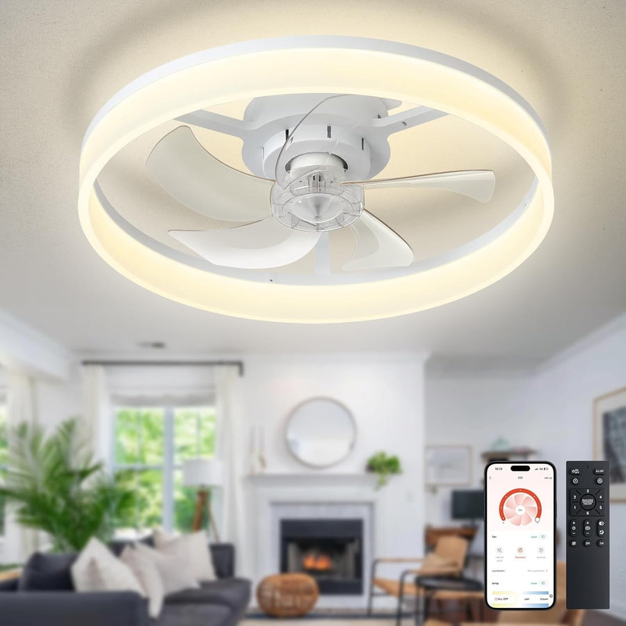20" LED Ceiling Fan with Light, Remote & App Control, Dimmable, White Bladeless