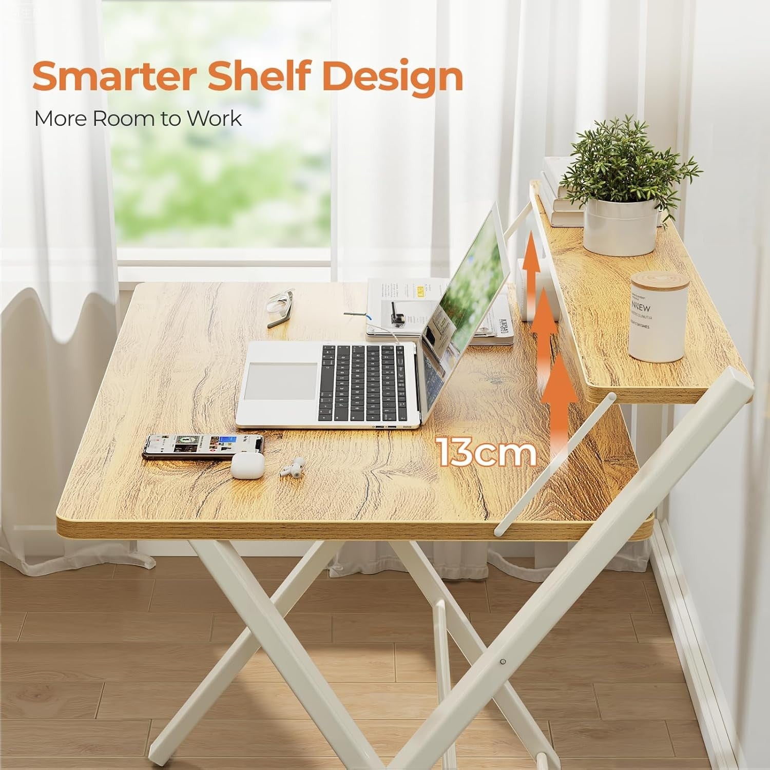 Foldable Computer Desk Small Space with Monitor Shelf No Assembly Oak