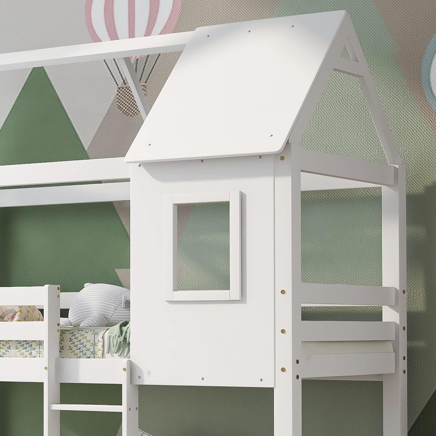 White Kids Bunk Bed w/ Ladder, Roof, Window & Guardrails 90x190cm