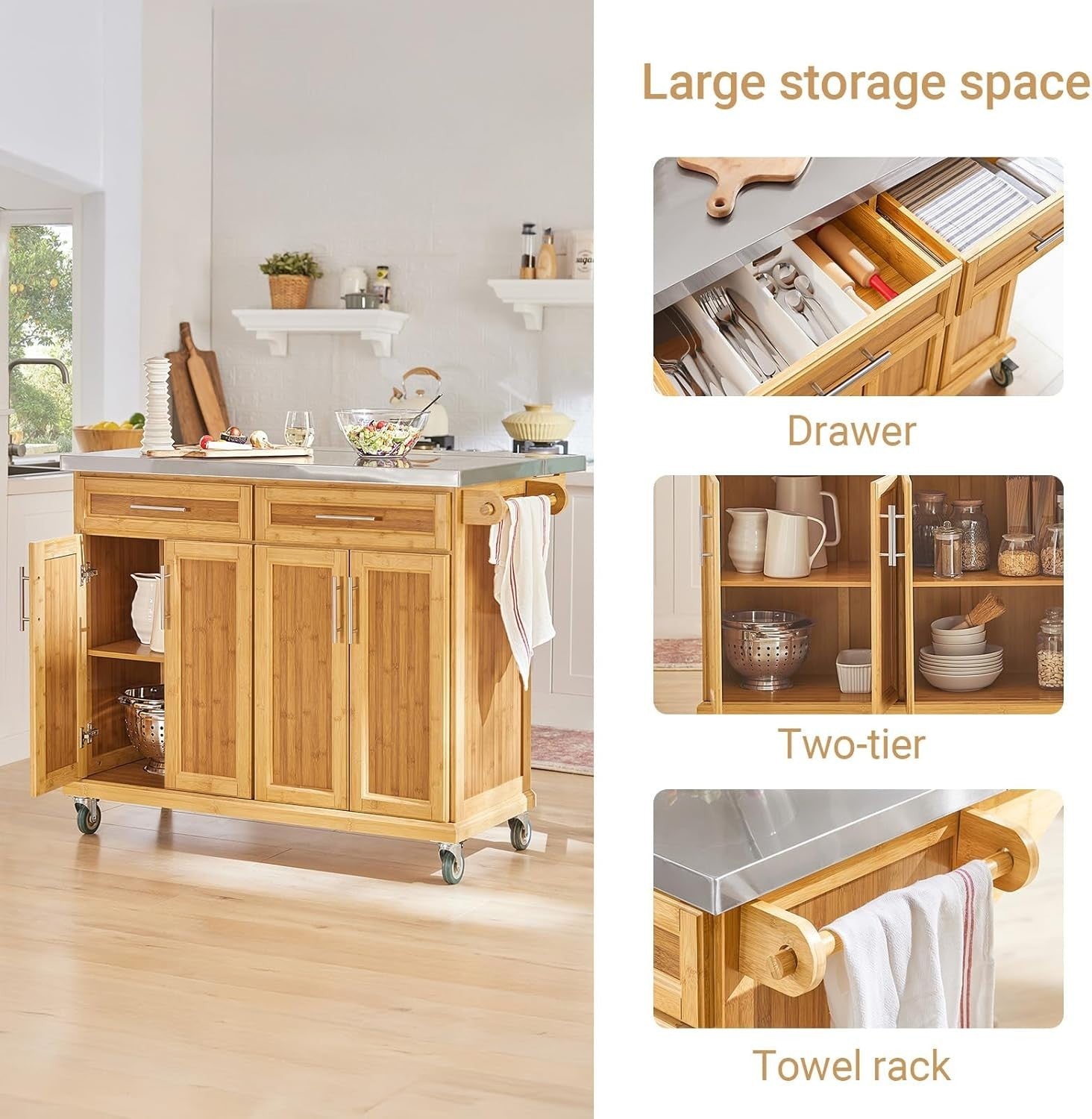 Kitchen Island on Wheels Extendable Worktop Drawers