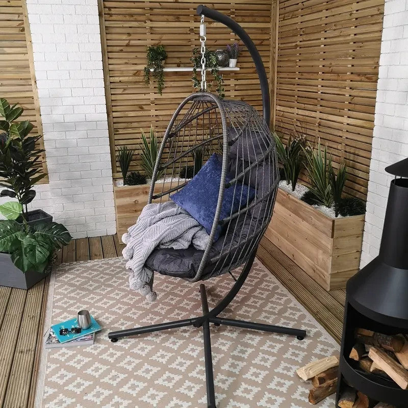 Grey Hanging Egg Chair With Stand & Cushion – Rattan Outdoor Swing Seat