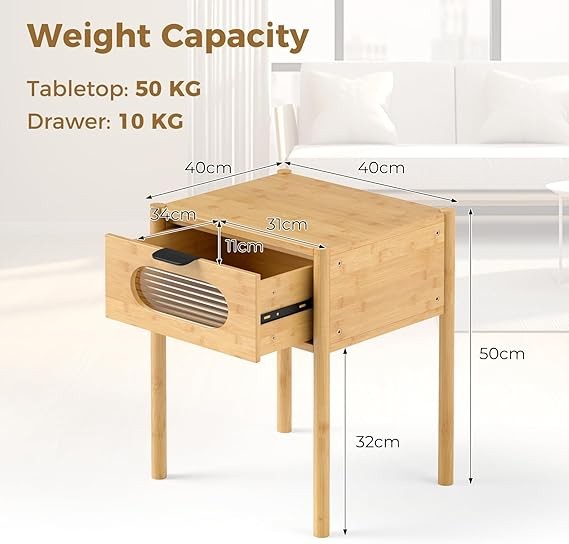 Modern Bamboo Bedside Tables Set of 2 with Drawer & Glass Front 40x40x50cm