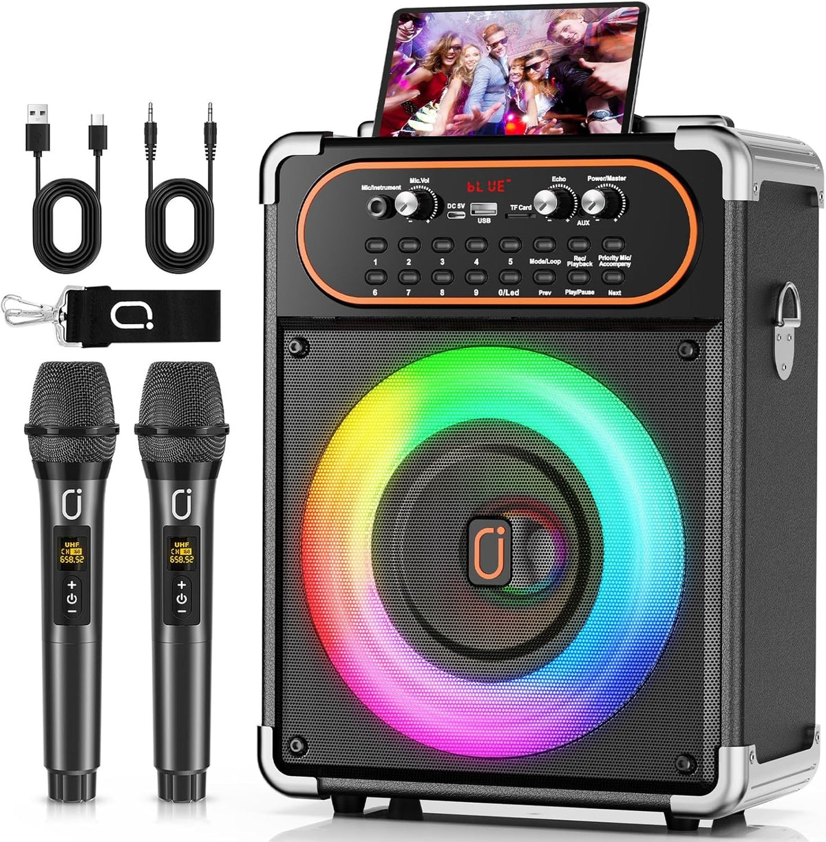 Portable Karaoke Machine Bluetooth 2 Mics PA Speaker Echo Outdoor Party