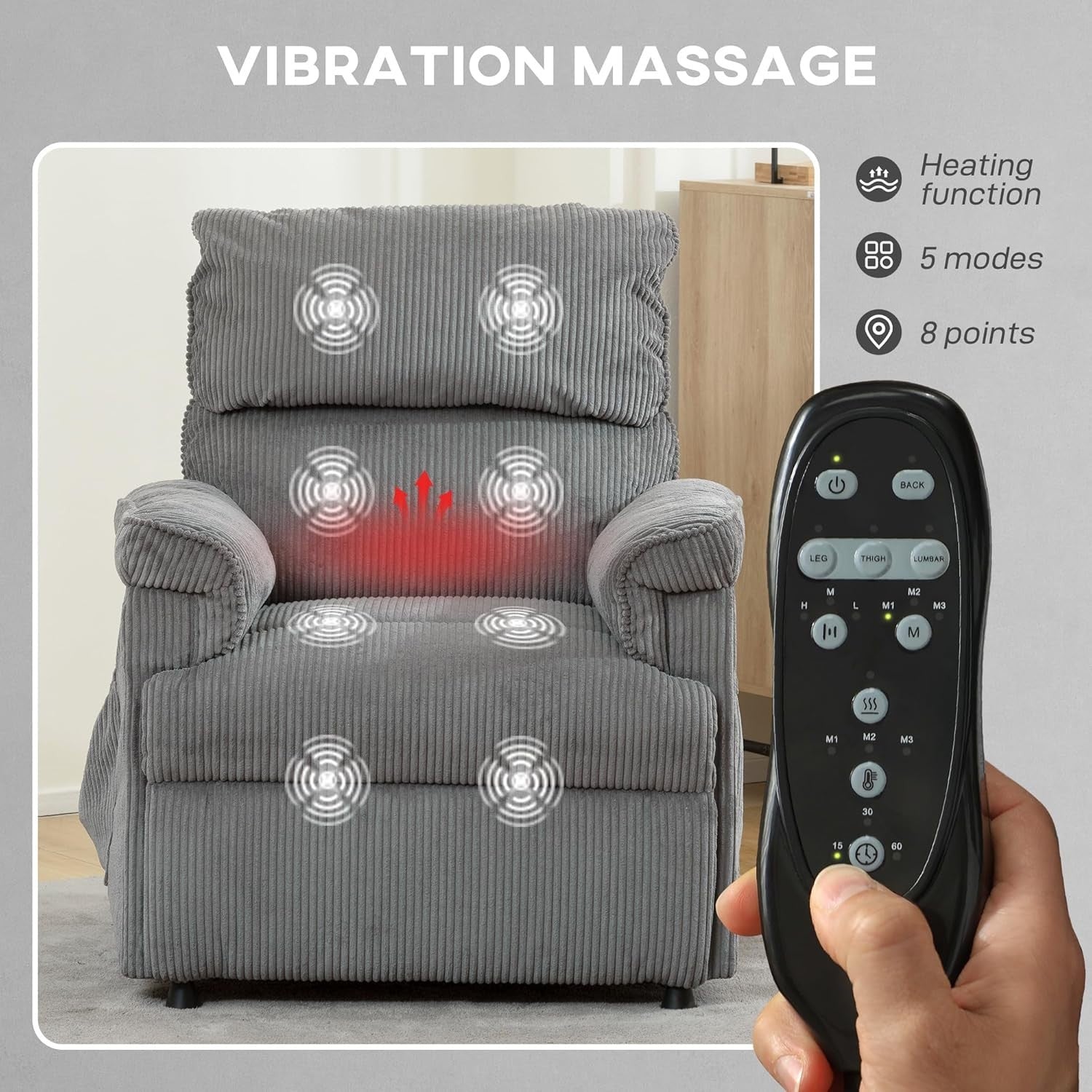 Electric Massage Recliner Chair Heat USB Port Corduroy Power Recliner Grey