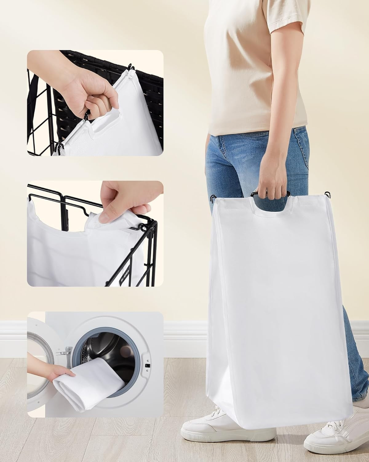 Rolling Laundry Basket with Lid & Wheels 46x33x65cm Removable Bag Trolley