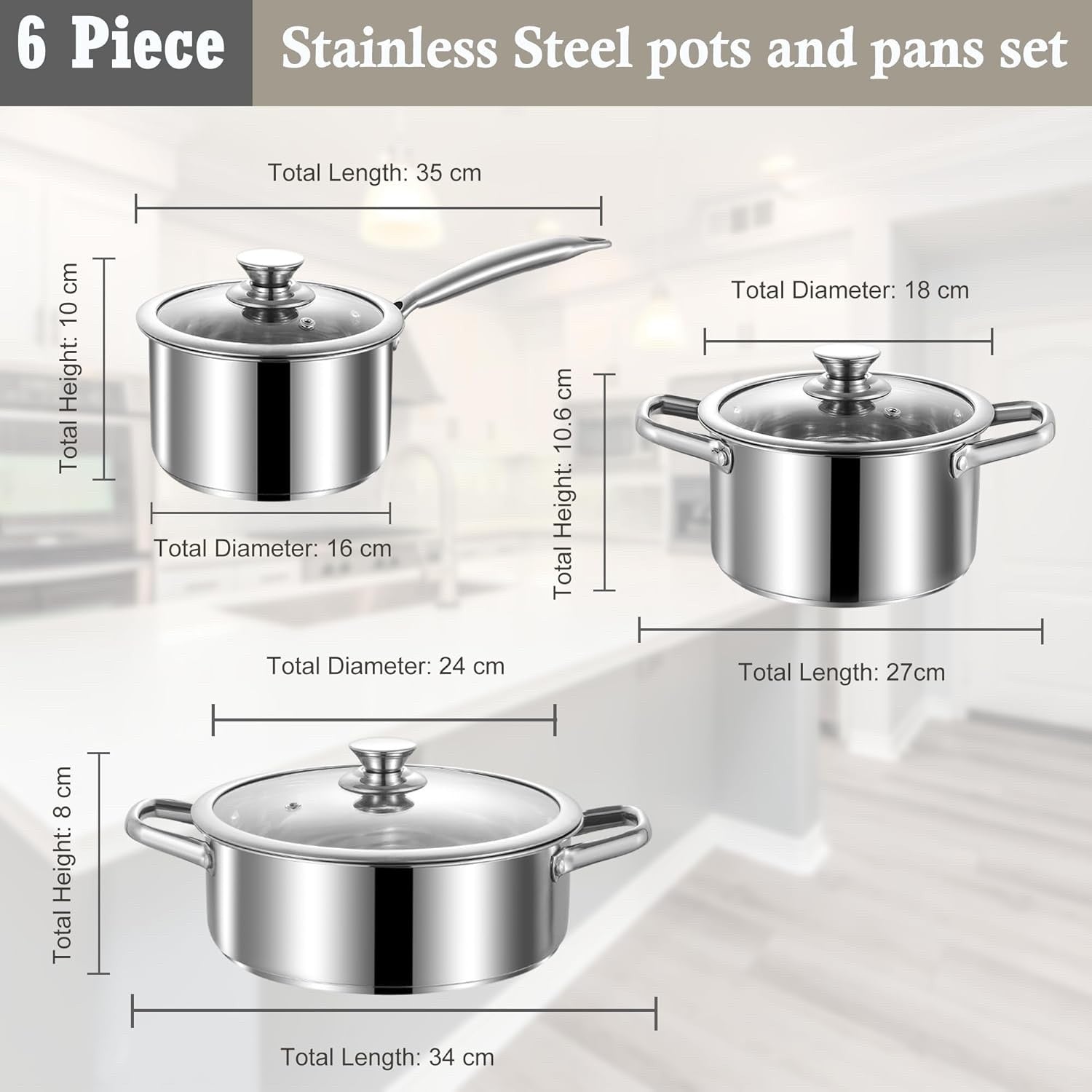 6pcs Stainless Steel Cookware Set – Non Stick Pots & Pans with Glass Lids