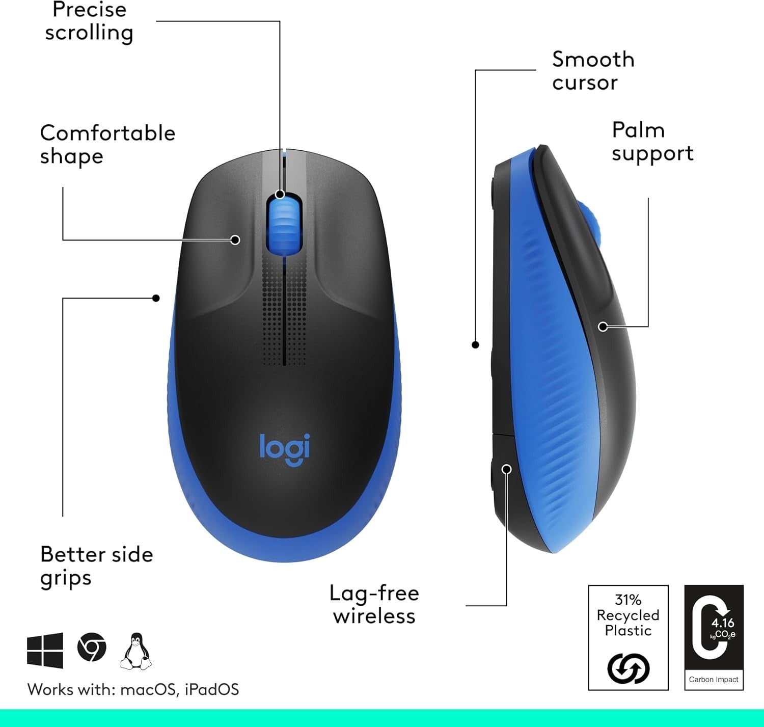 Full Size Wireless Mouse Blue USB 18 Month Battery Ergonomic