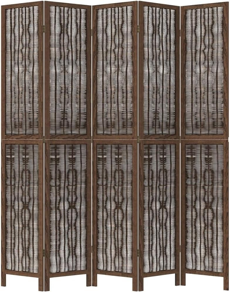 5 Panel Folding Room Divider Screen – Dark Brown Wood Privacy Partition 220cm