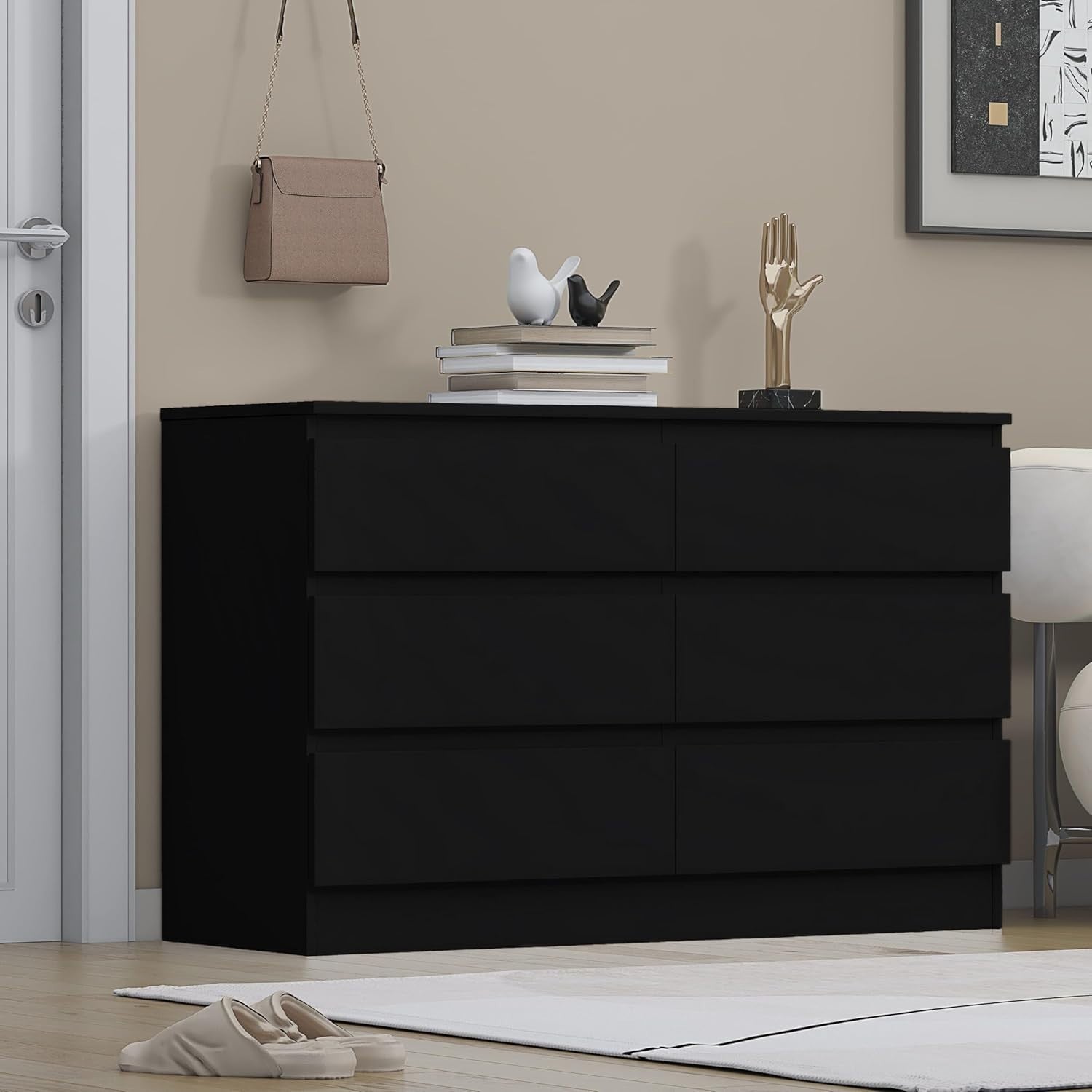 Black 6 Drawer Chest Dresser Unit Bedroom Storage Cabinet Modern MDF