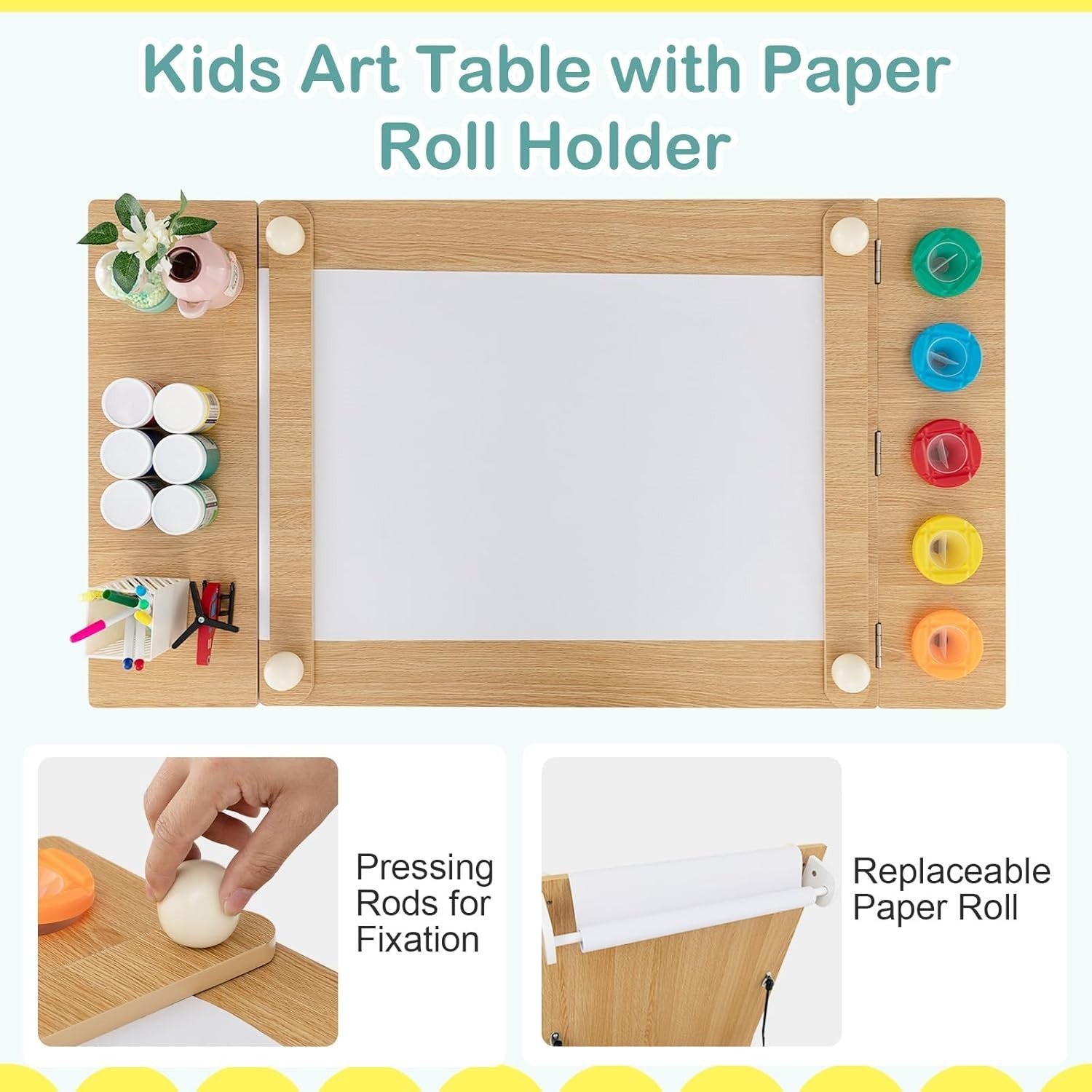 Kids Art Table and Chair Set with Storage Bins & Easel Desk Natural White 5 Cups