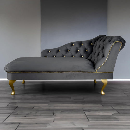 Velvet Chaise Lounge Sofa Tufted Right Hand Chair Grey Bedroom Living