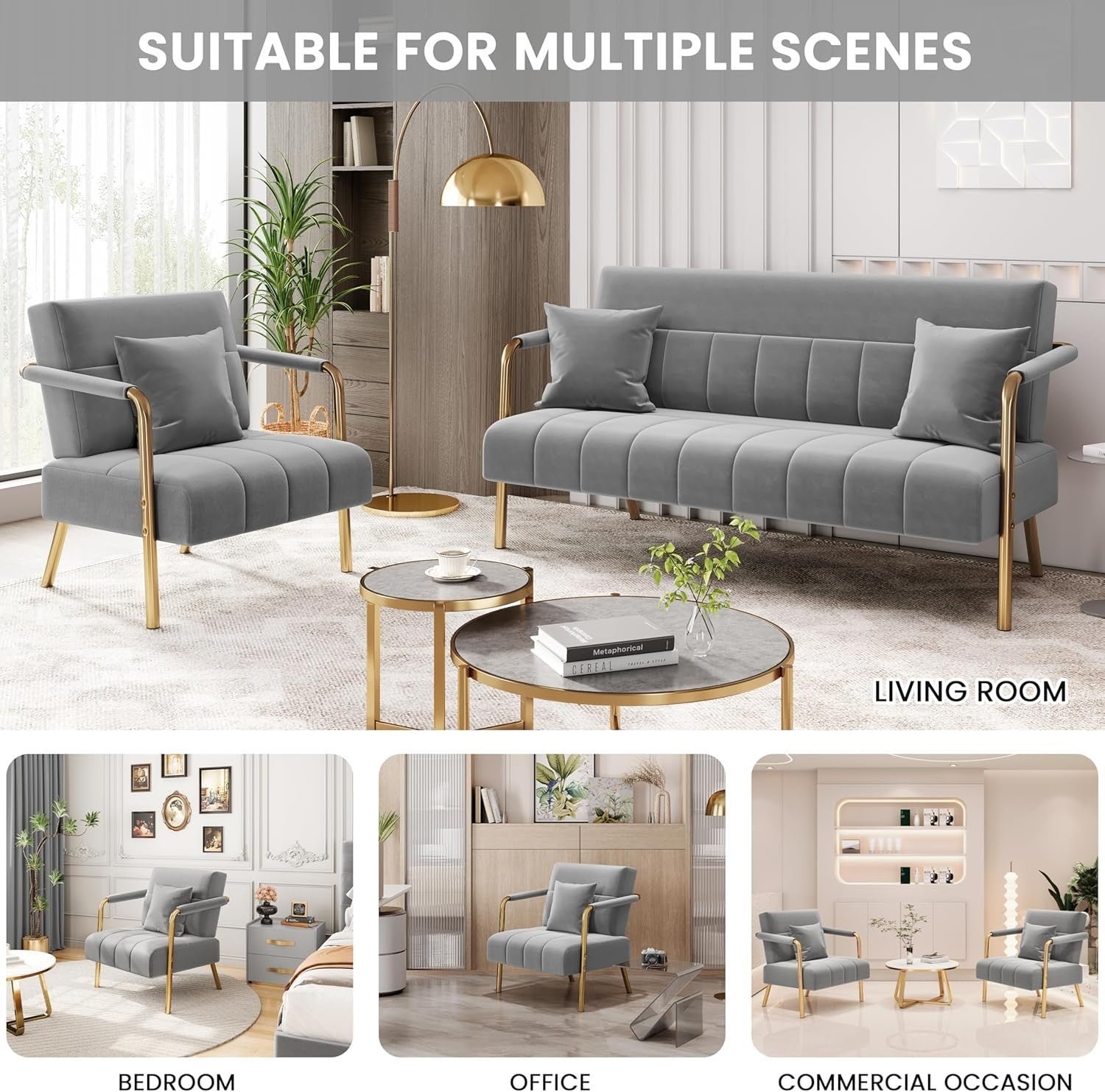 Modern Velvet Accent Armchair – Light Gray Upholstered Lounge Chair with Gold Le