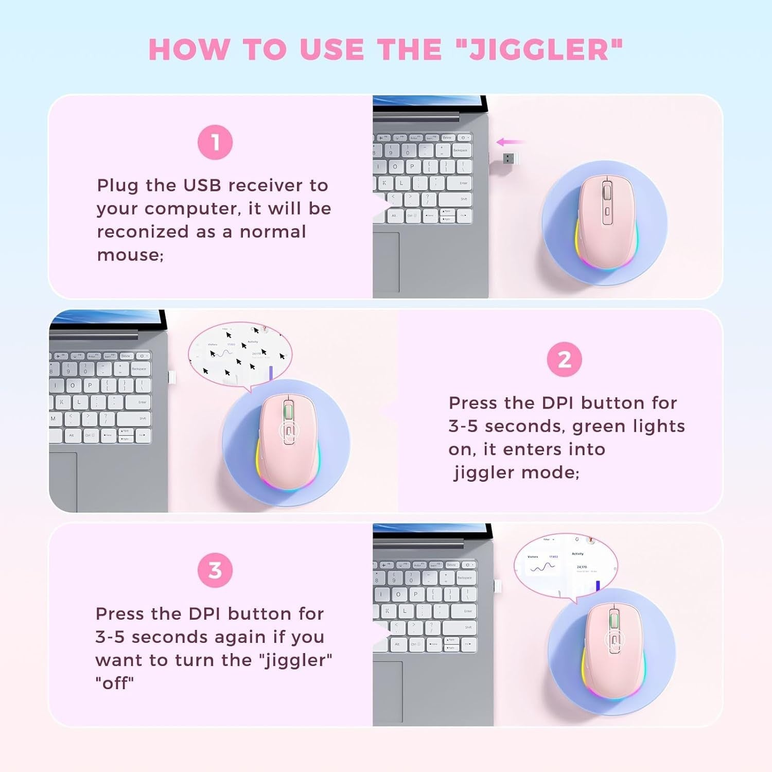 Pink RGB Wireless Mouse Rechargeable Silent USB Jiggler Mode