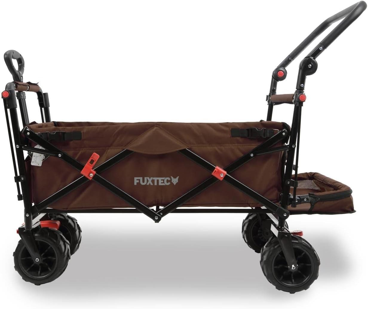Brown Beach Wagon Foldable Cart w/ Roof Extra-Wide Wheels Push Handle & Brake
