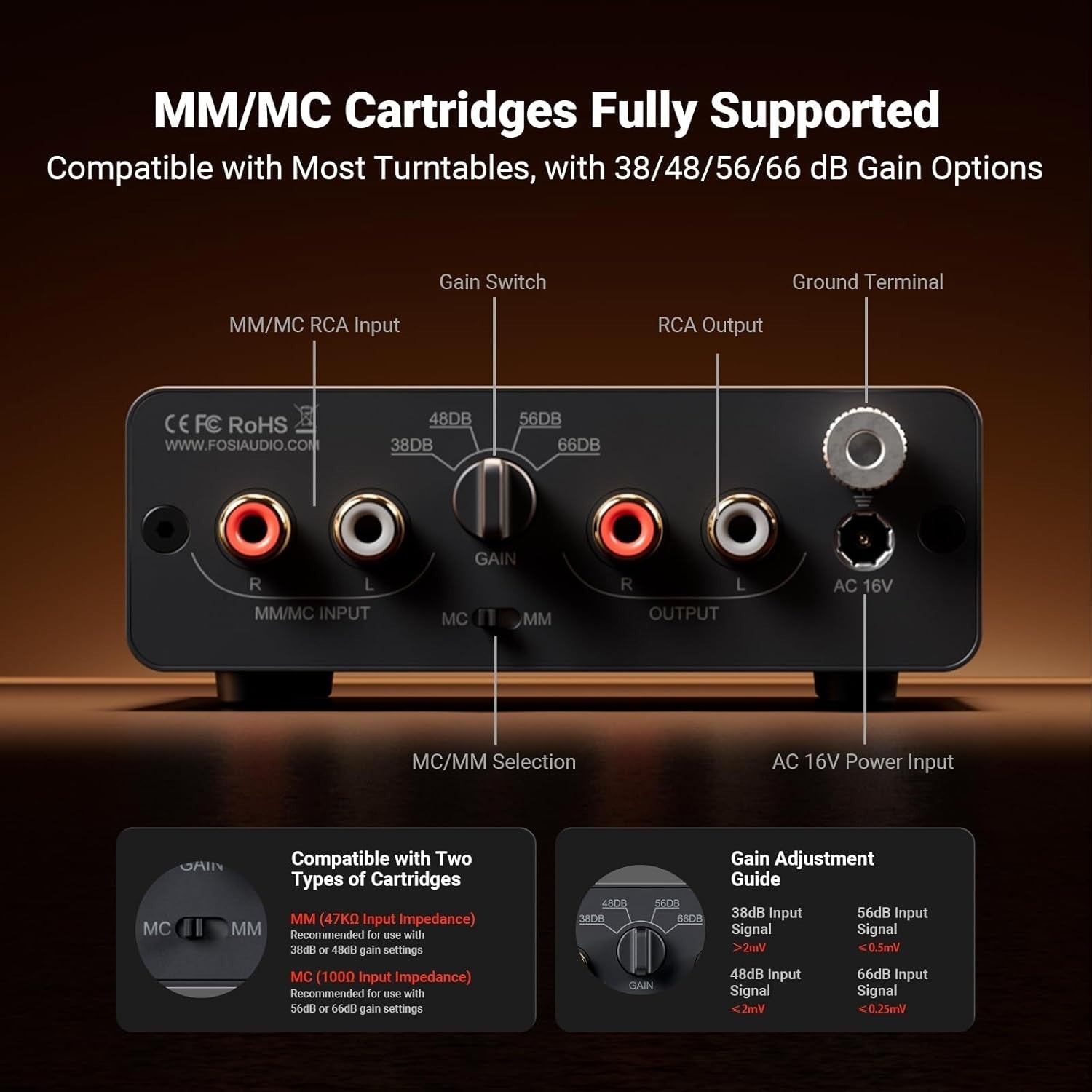 HiFi Phono Preamp for Turntable MM MC Vinyl Player RCA Gain Control 66dB