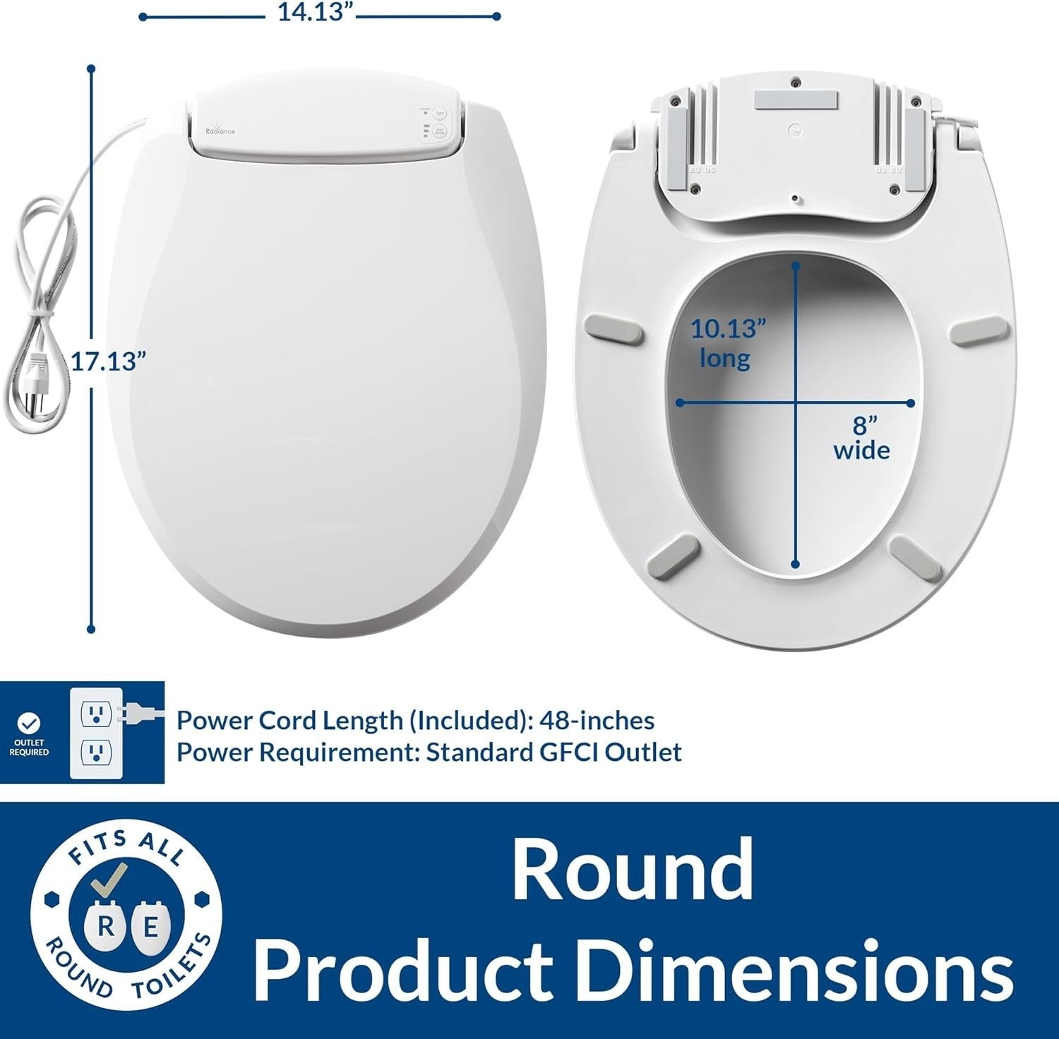 Round Toilet Seat White Soft Close LED Night Light Heated Plastic