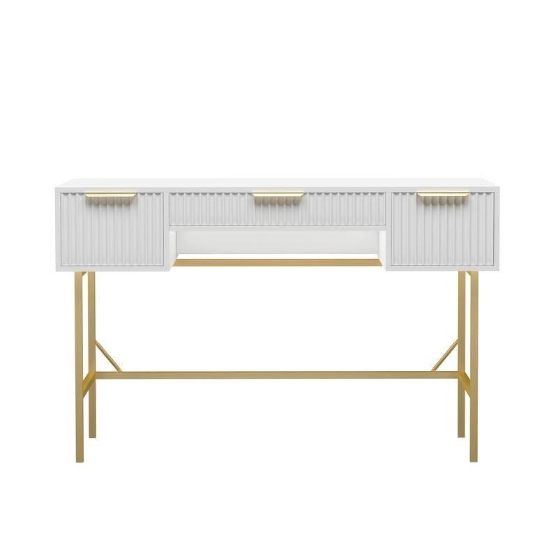 Modern White Console Table Desk with 3 Drawers & Gold Legs