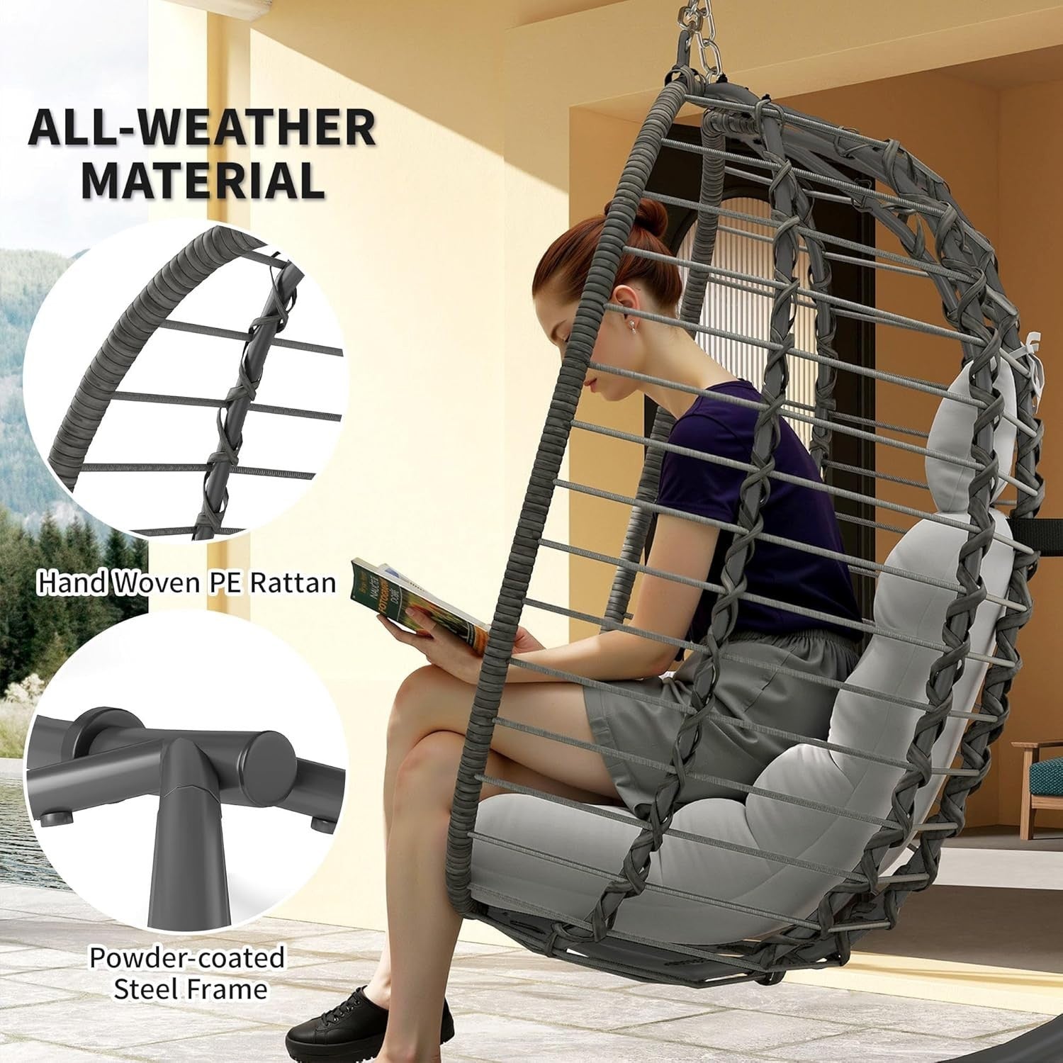Luxury Hanging Egg Chair Swing with Stand Plush Cushion Indoor Outdoor