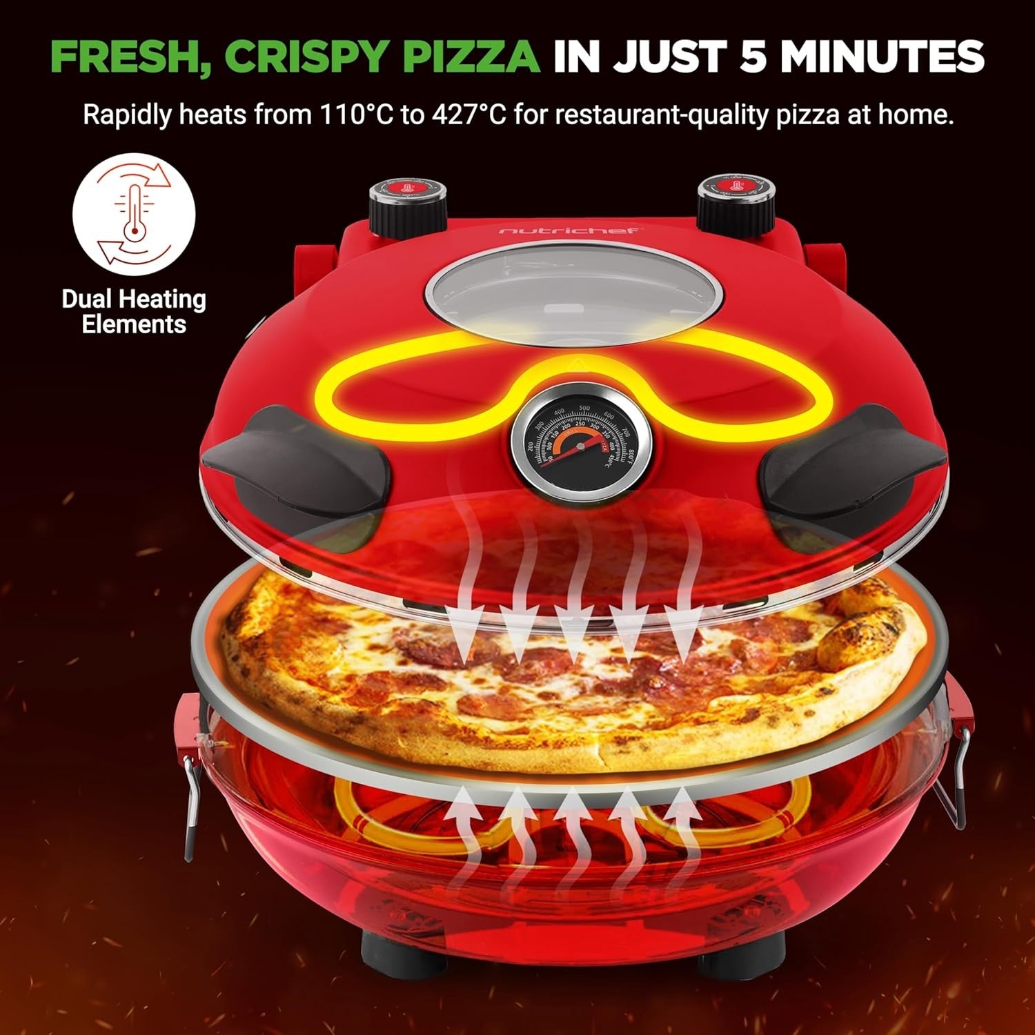 Electric Pizza Oven 30cm 425°C Countertop Maker Non-Stick Stone Red 1200W