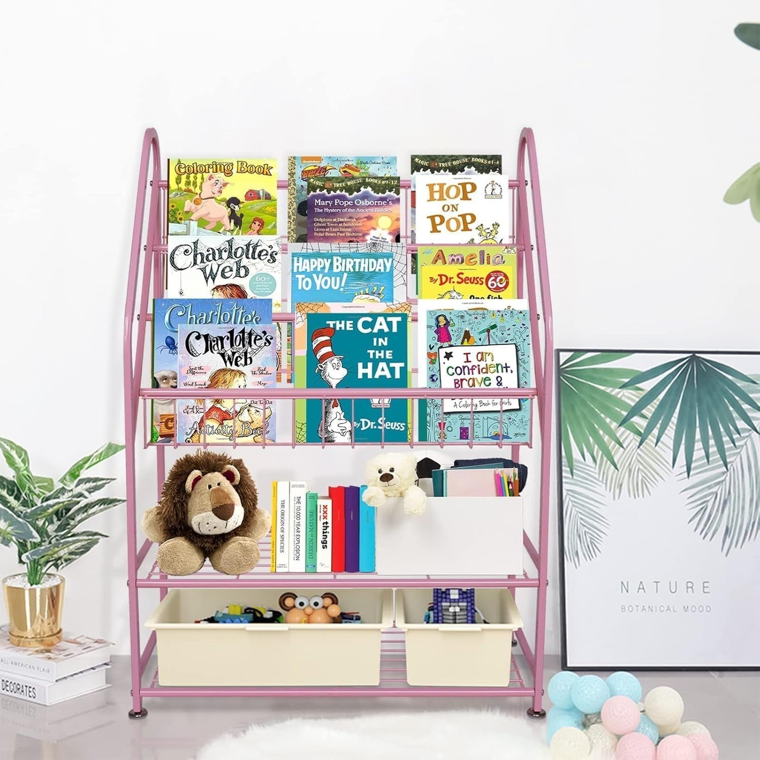 Kids Medium Leaning Bookshelf & Toy Organizer Rack – Durable Metal, Pink