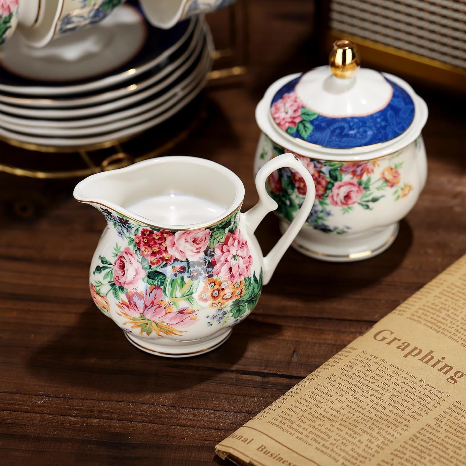 15 Piece Bone China Tea Set Floral Teapot Cups Saucers Vintage Afternoon Tea
