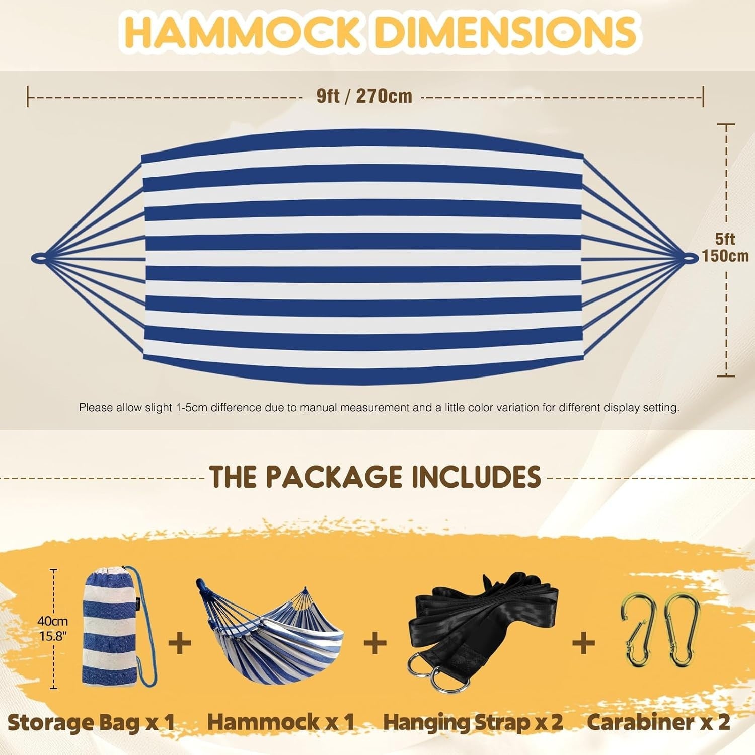 Portable Outdoor Cotton Hammock with Tree Straps & Travel Bag, 1-Person