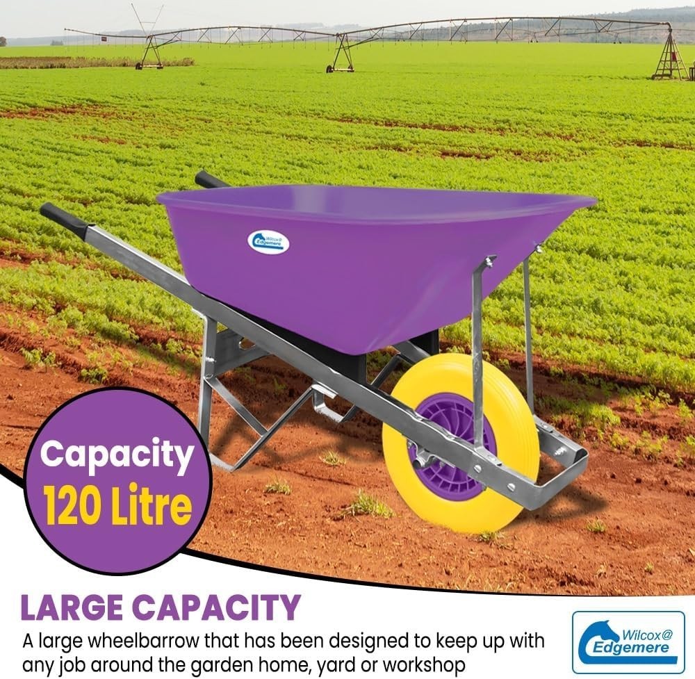 120L Garden Wheelbarrow – Purple/Yellow – PU Tubeless Tyre Heavy Duty Frame