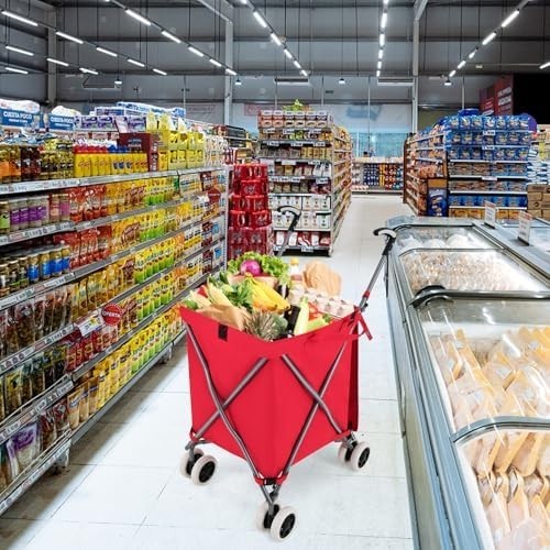 90L Folding Shopping Trolley 8 Wheels Large Push Cart Waterproof Red