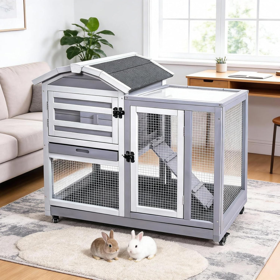 Indoor Outdoor Rabbit Hutch Wooden Cage With Wheels Ramp Secure Small Animal
