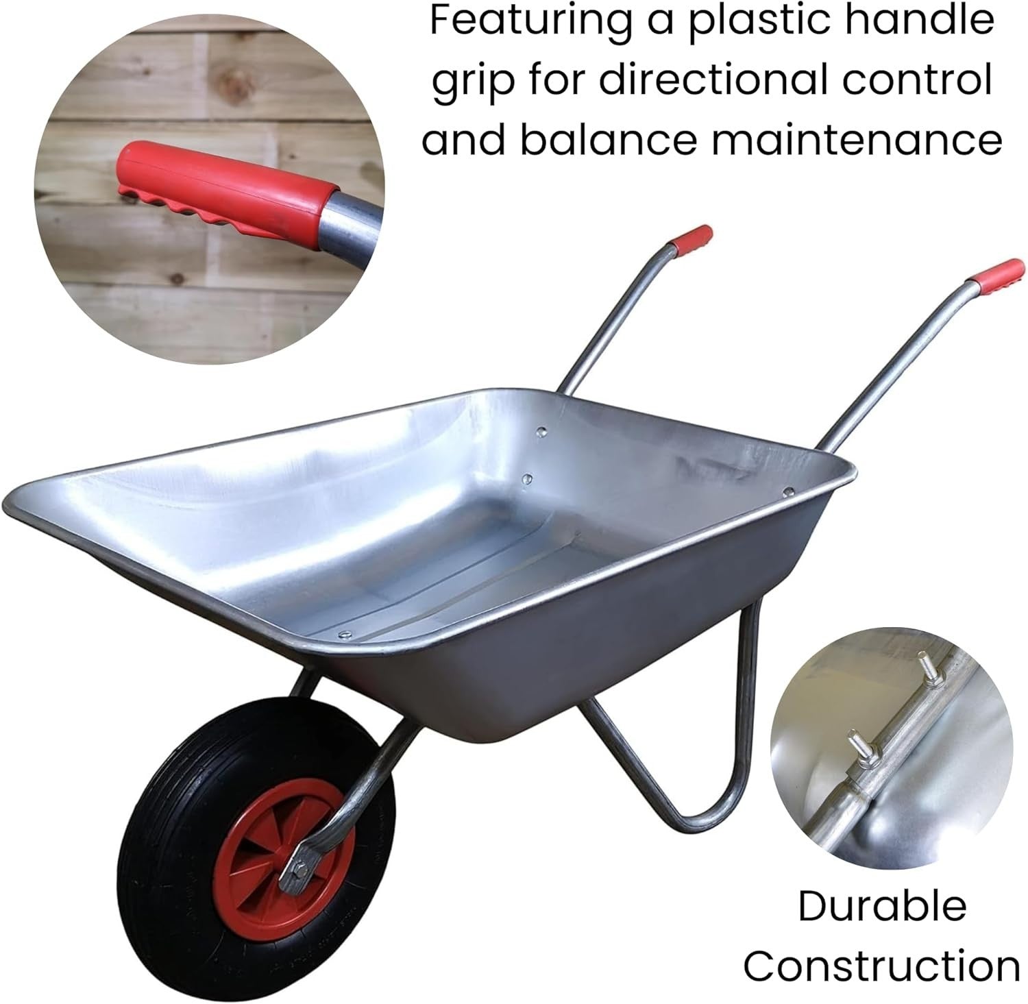 65L Galvanised Wheelbarrow – Steel Tub w/ Pneumatic Tyre & Red Grip Handles 60kg