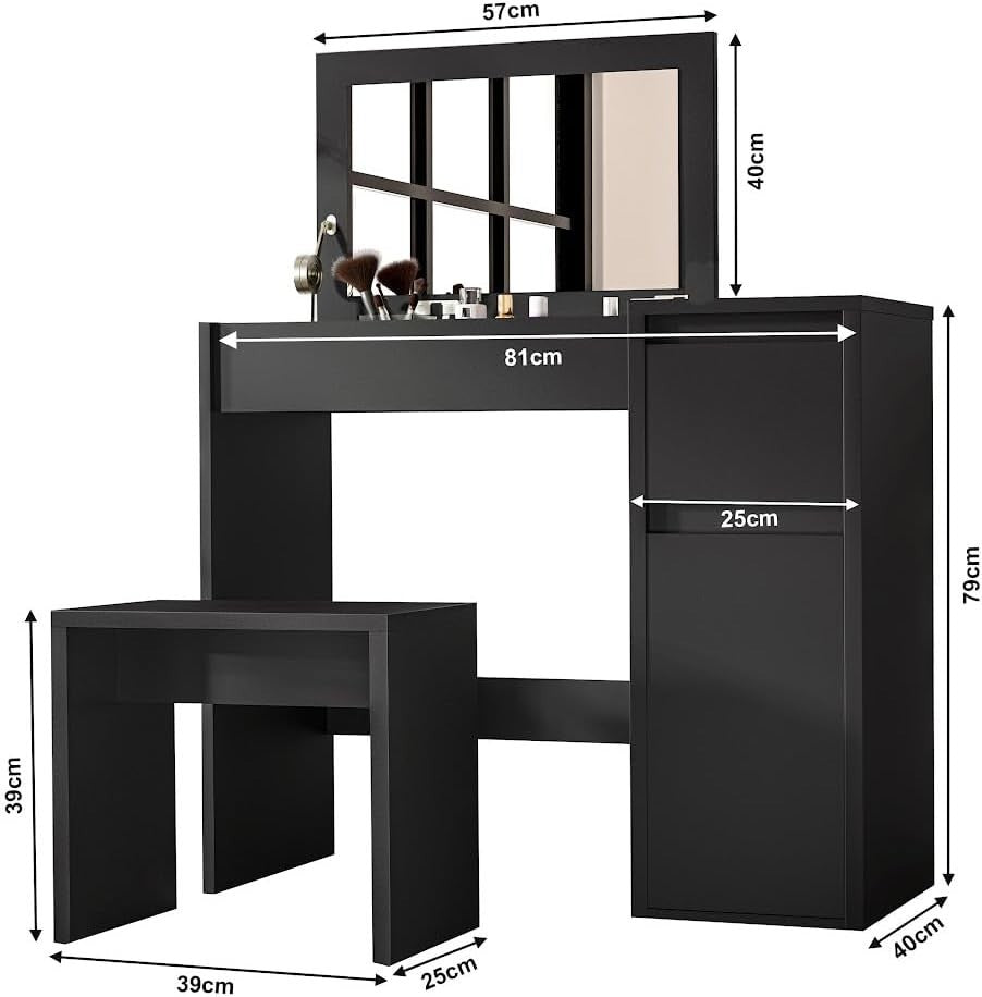 Black Flip-Up Vanity Dressing Table Set w/ Hidden Mirror Storage & Stool