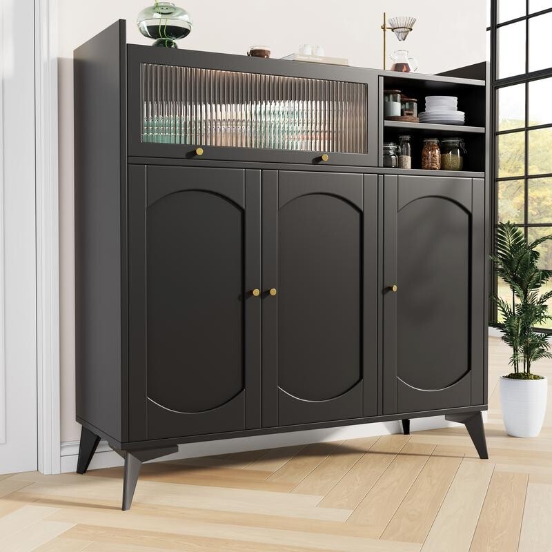 Black Sideboard Cabinet with Glass Door Gold Handles Modern Storage Unit