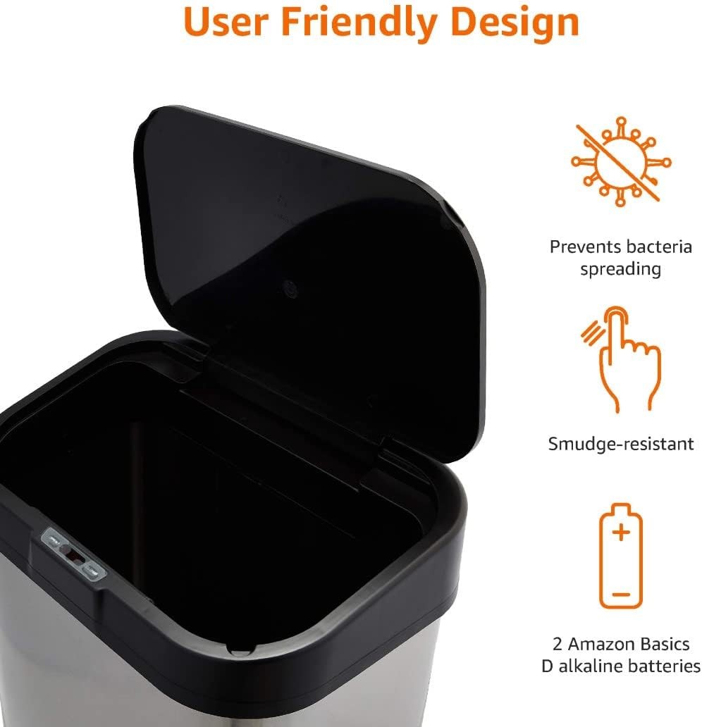 60L Stainless Steel Sensor Bin Black & Silver Kitchen
