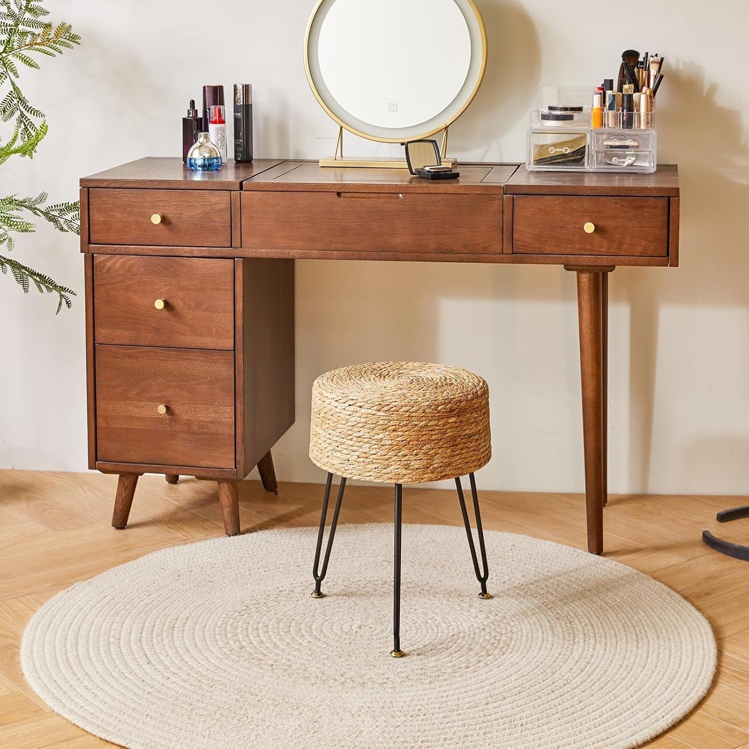 Natural Seagrass Footstool Round Woven Pastoral Stool Metal Legs 32×32×45cm